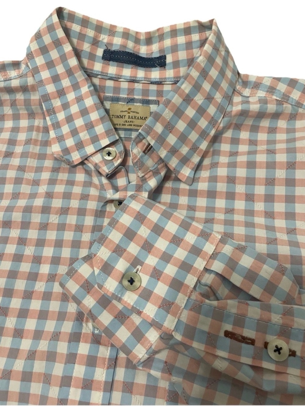 Tommy Bahama Jeans Mens XL Pink/Blue Plaid Gingham Diamond Quilted Cotton Shirt